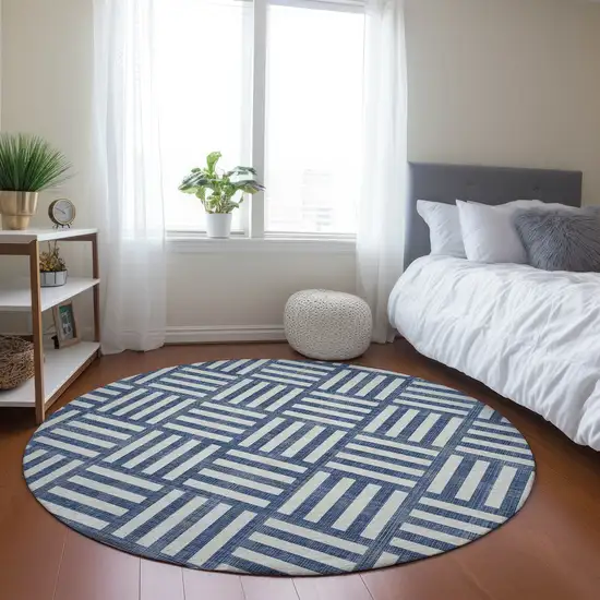 8' Navy Blue And Ivory Round Geometric Washable Indoor Outdoor Area Rug Photo 7