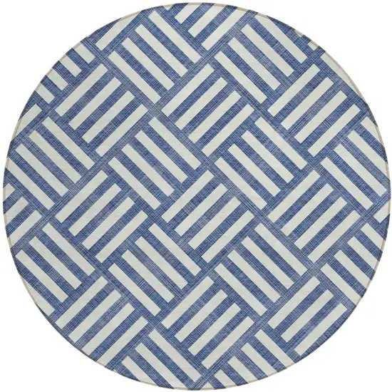8' Navy Blue And Ivory Round Geometric Washable Indoor Outdoor Area Rug Photo 2