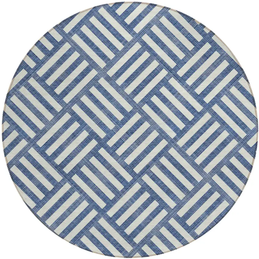 8' Navy Blue And Ivory Round Geometric Washable Indoor Outdoor Area Rug Photo 2