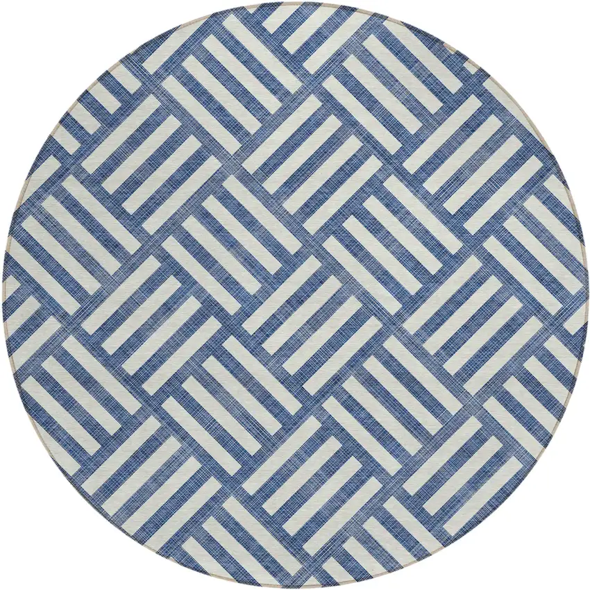 8' Navy Blue And Ivory Round Geometric Washable Indoor Outdoor Area Rug Photo 2