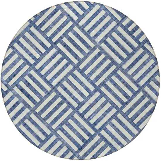 8' Navy Blue And Ivory Round Geometric Washable Indoor Outdoor Area Rug Photo 5