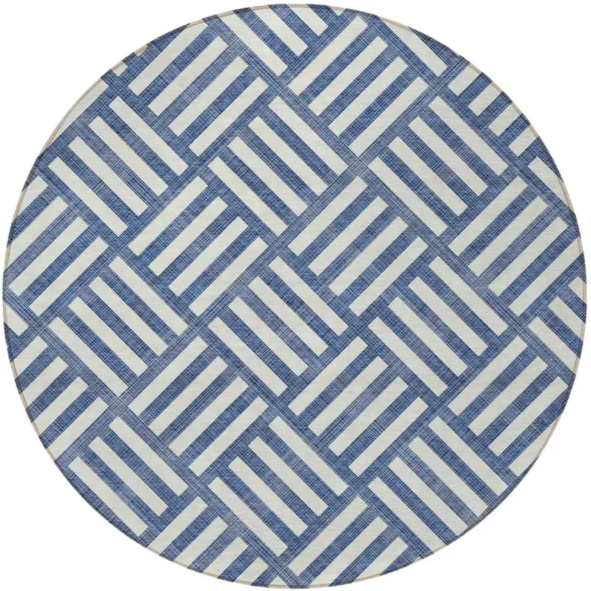 8' Navy Blue And Ivory Round Geometric Washable Indoor Outdoor Area Rug Photo 5