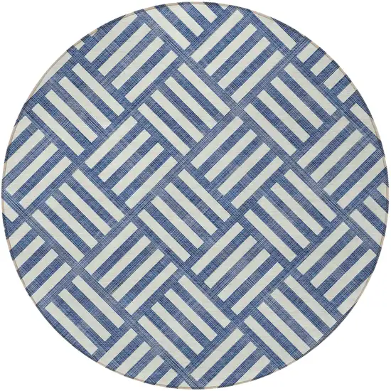 8' Navy Blue And Ivory Round Geometric Washable Indoor Outdoor Area Rug Photo 5