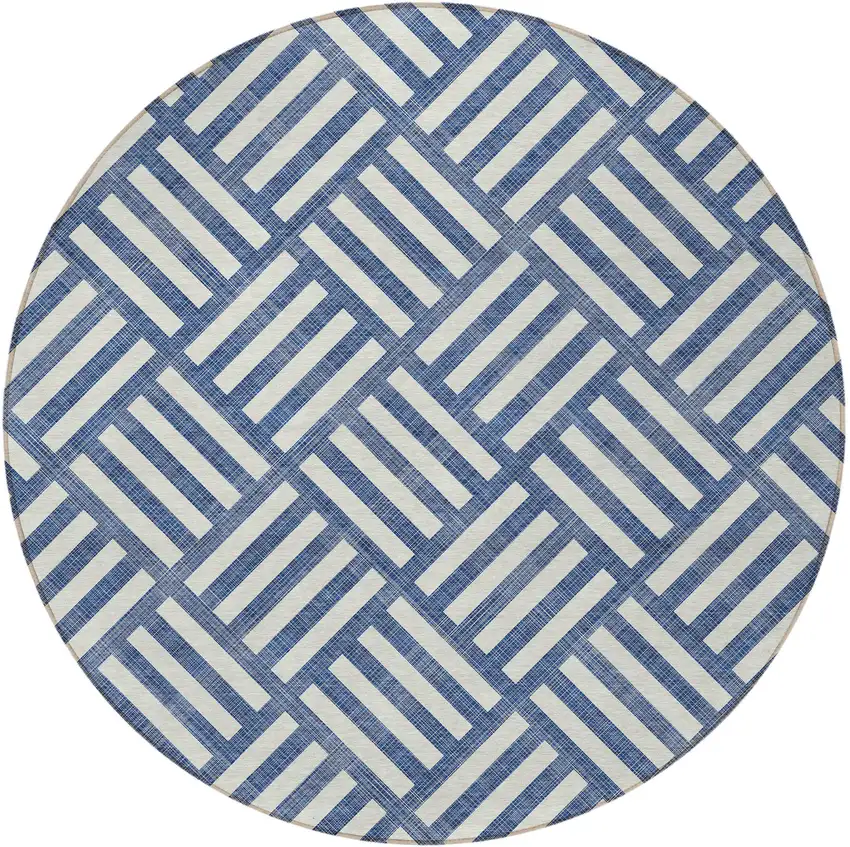 8' Navy Blue And Ivory Round Geometric Washable Indoor Outdoor Area Rug Photo 5