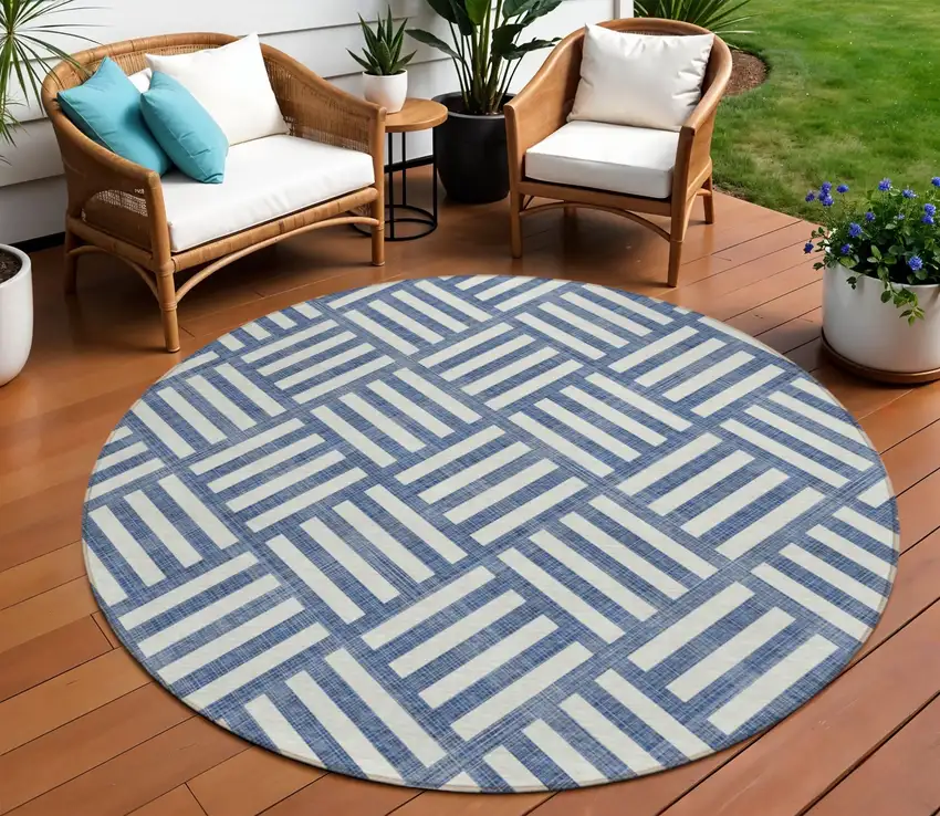 8' Navy Blue And Ivory Round Geometric Washable Indoor Outdoor Area Rug Photo 1