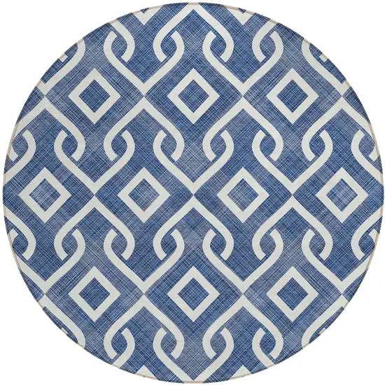 8' Navy Blue And Ivory Round Geometric Washable Indoor Outdoor Area Rug Photo 2