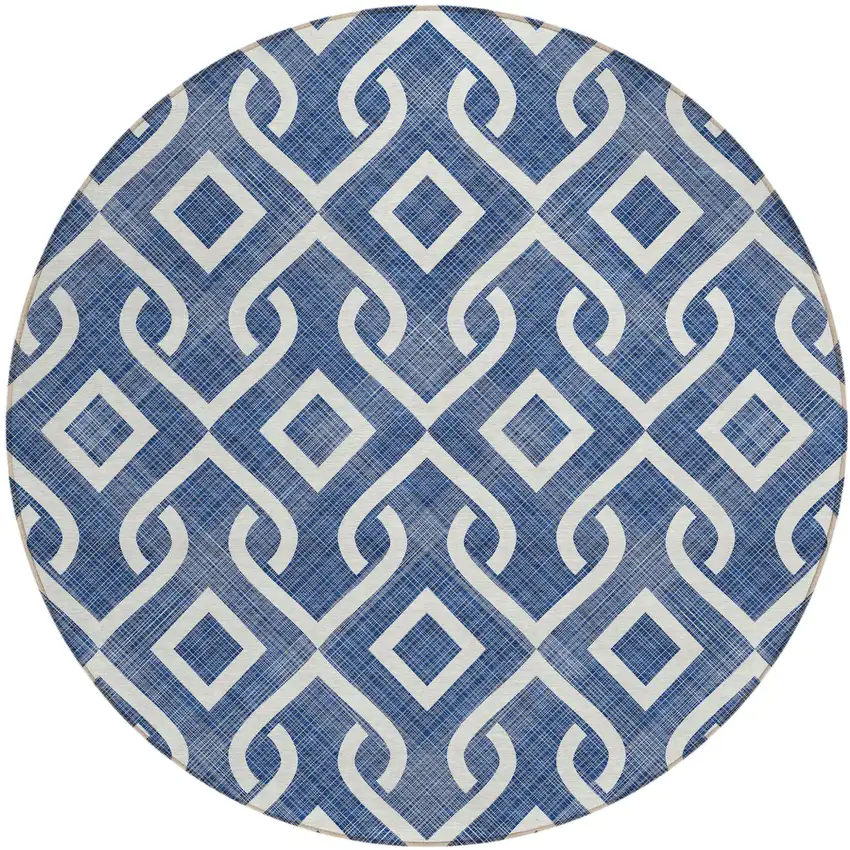 8' Navy Blue And Ivory Round Geometric Washable Indoor Outdoor Area Rug Photo 2