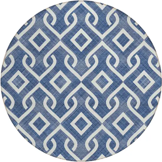 8' Navy Blue And Ivory Round Geometric Washable Indoor Outdoor Area Rug Photo 2