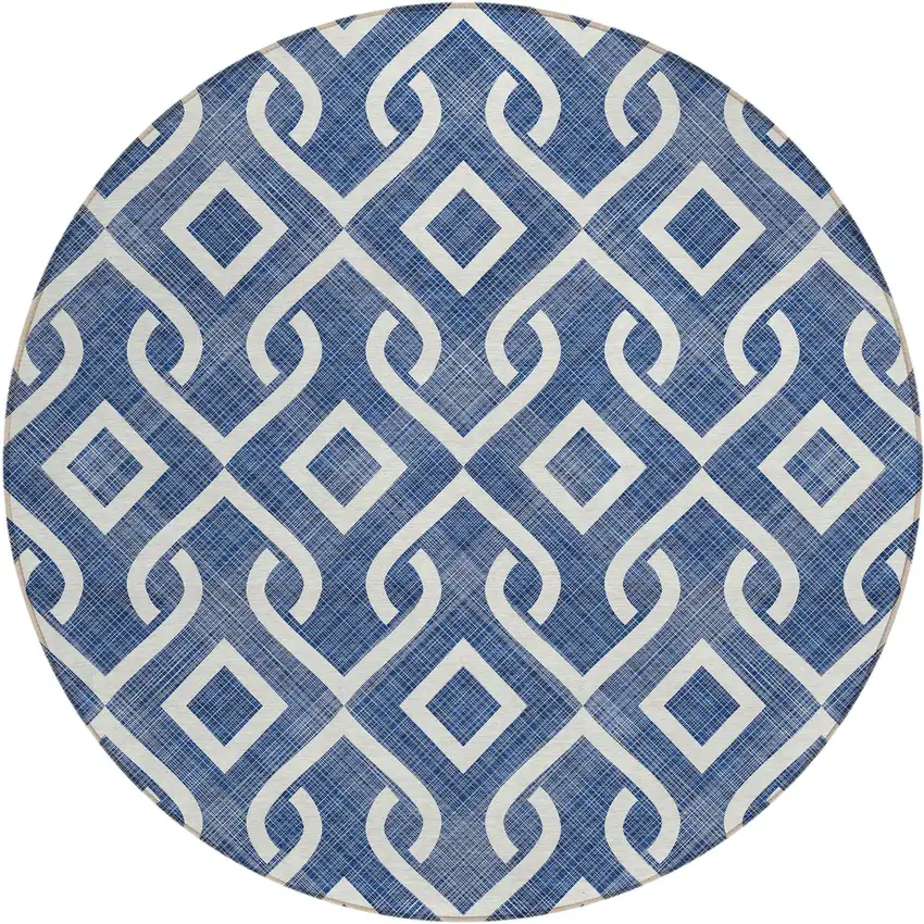 8' Navy Blue And Ivory Round Geometric Washable Indoor Outdoor Area Rug Photo 2