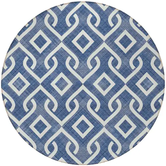 8' Navy Blue And Ivory Round Geometric Washable Indoor Outdoor Area Rug Photo 5