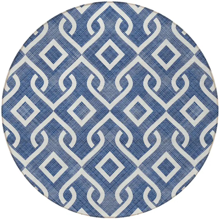 8' Navy Blue And Ivory Round Geometric Washable Indoor Outdoor Area Rug Photo 5