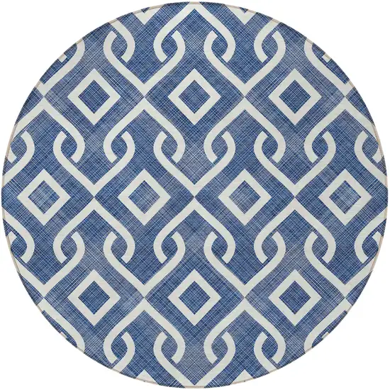 8' Navy Blue And Ivory Round Geometric Washable Indoor Outdoor Area Rug Photo 5