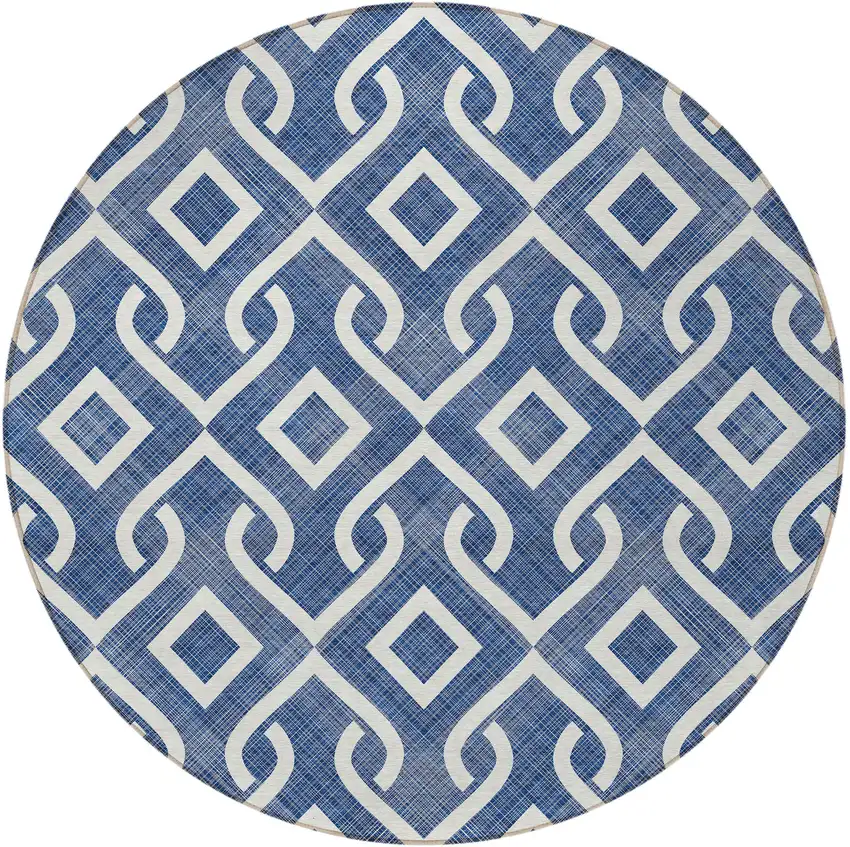 8' Navy Blue And Ivory Round Geometric Washable Indoor Outdoor Area Rug Photo 5