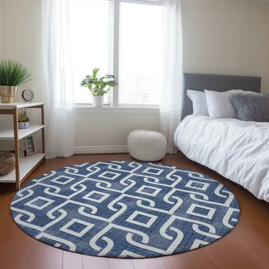 8' Navy Blue And Ivory Round Geometric Washable Indoor Outdoor Area Rug Photo 7