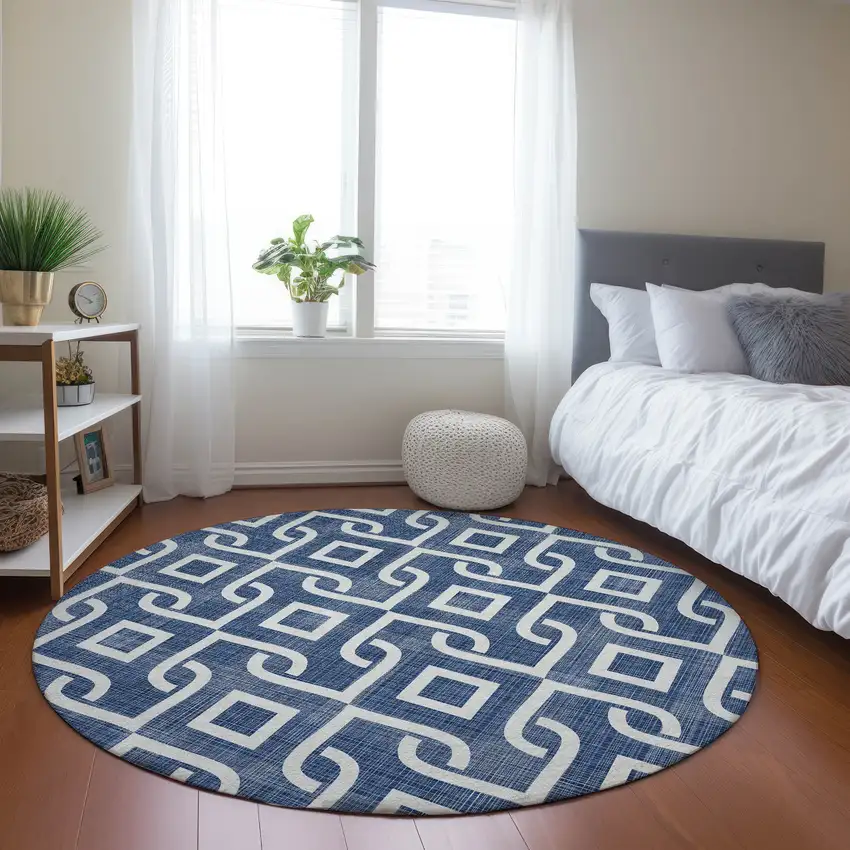 8' Navy Blue And Ivory Round Geometric Washable Indoor Outdoor Area Rug Photo 7