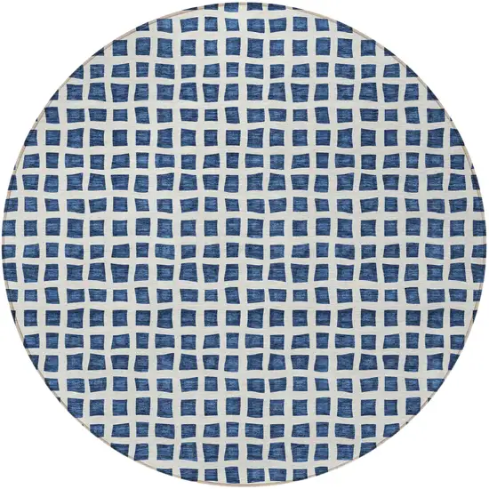 8' Navy Blue And Ivory Round Geometric Washable Indoor Outdoor Area Rug Photo 7