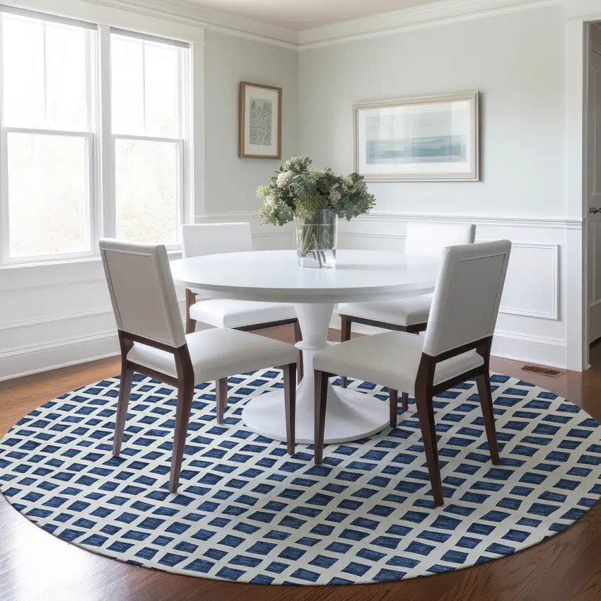 8' Navy Blue And Ivory Round Geometric Washable Indoor Outdoor Area Rug Photo 9