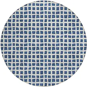 Photo of 8' Navy Blue And Ivory Round Geometric Washable Indoor Outdoor Area Rug