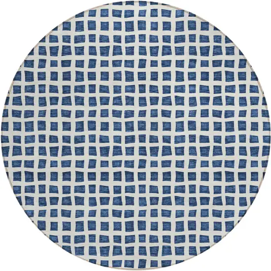8' Navy Blue And Ivory Round Geometric Washable Indoor Outdoor Area Rug Photo 1