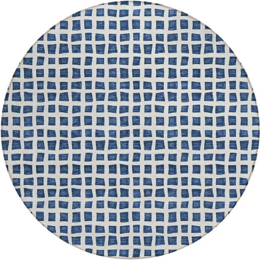 8' Navy Blue And Ivory Round Geometric Washable Indoor Outdoor Area Rug Photo 1