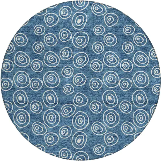 8' Navy Blue And Ivory Round Geometric Washable Indoor Outdoor Area Rug Photo 1