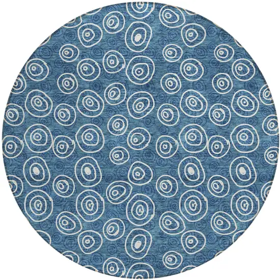 8' Navy Blue And Ivory Round Geometric Washable Indoor Outdoor Area Rug Photo 1