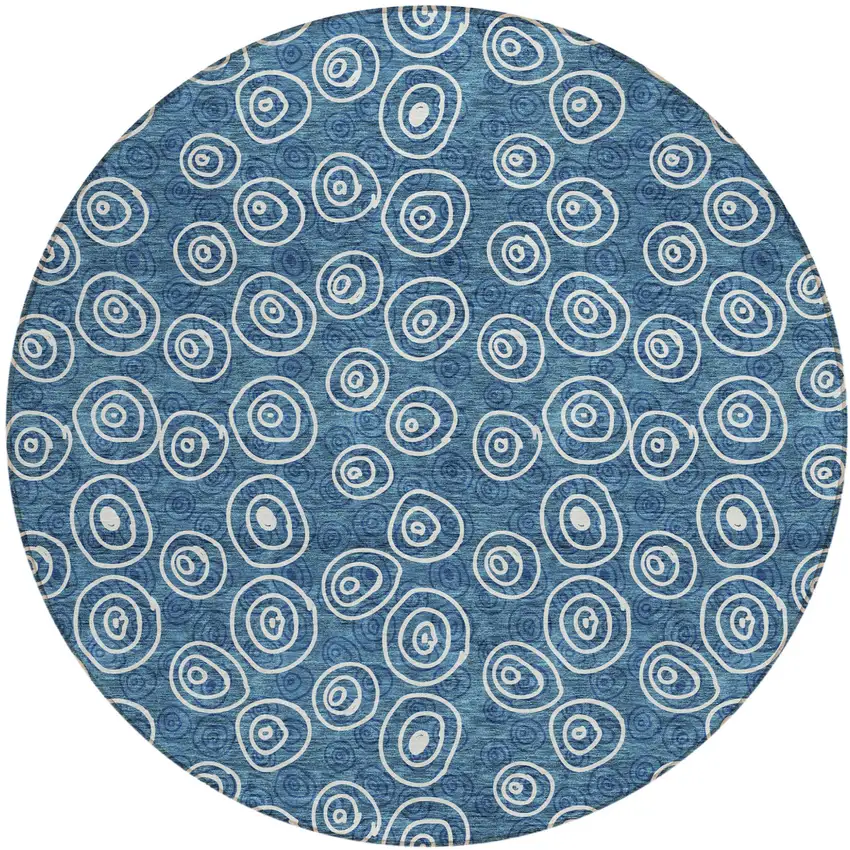 8' Navy Blue And Ivory Round Geometric Washable Indoor Outdoor Area Rug Photo 1