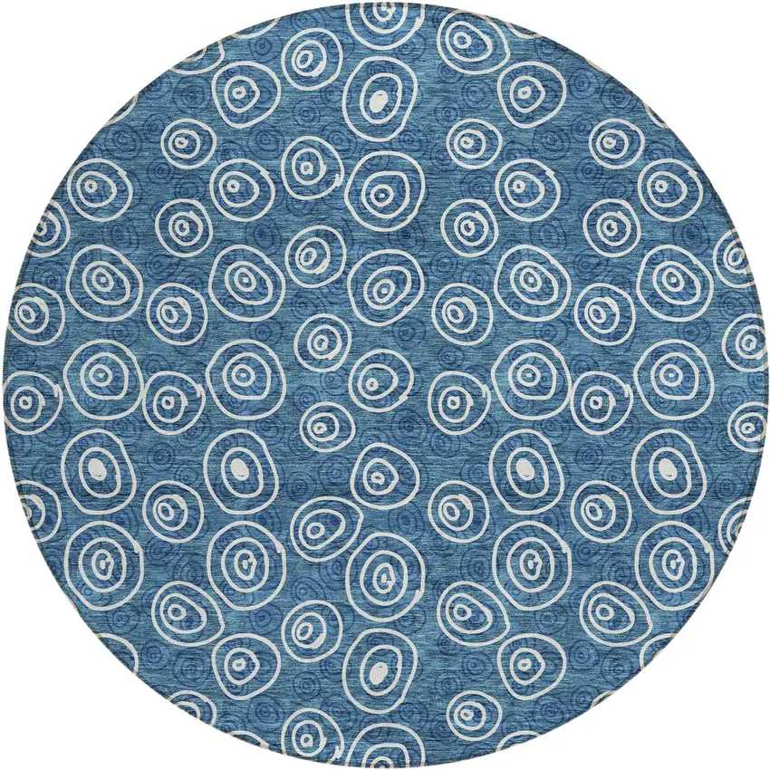 8' Navy Blue And Ivory Round Geometric Washable Indoor Outdoor Area Rug Photo 1