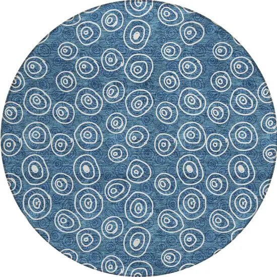 8' Navy Blue And Ivory Round Geometric Washable Indoor Outdoor Area Rug Photo 5