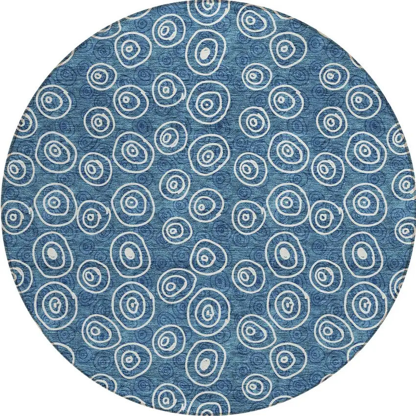 8' Navy Blue And Ivory Round Geometric Washable Indoor Outdoor Area Rug Photo 5