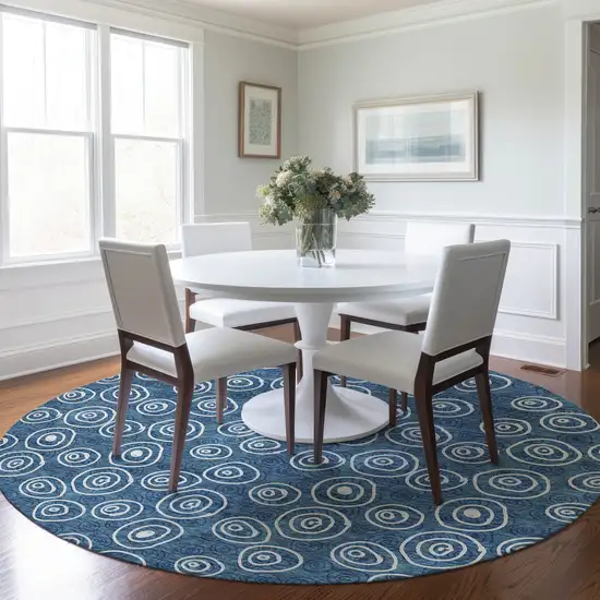 8' Navy Blue And Ivory Round Geometric Washable Indoor Outdoor Area Rug Photo 7