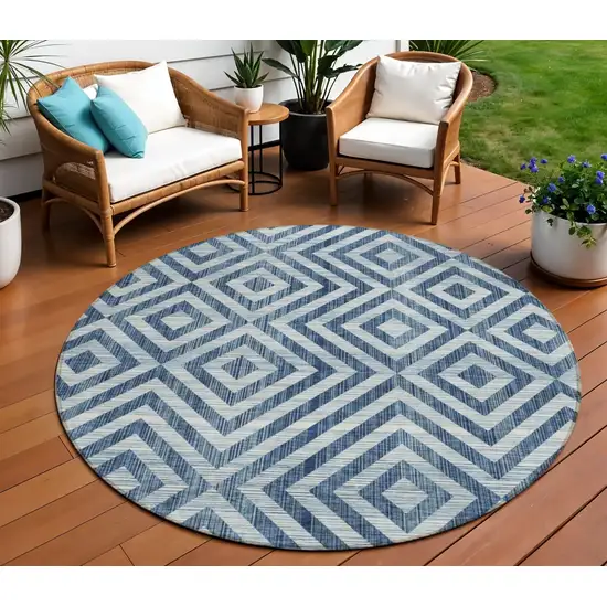8' Navy Blue And Ivory Round Geometric Washable Indoor Outdoor Area Rug Photo 1