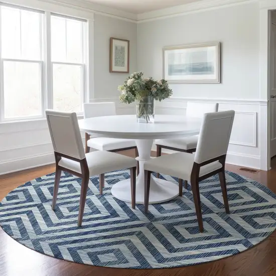 8' Navy Blue And Ivory Round Geometric Washable Indoor Outdoor Area Rug Photo 8