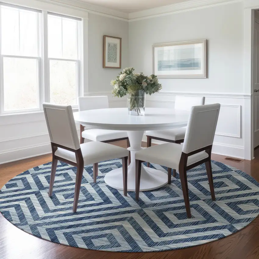 8' Navy Blue And Ivory Round Geometric Washable Indoor Outdoor Area Rug Photo 8