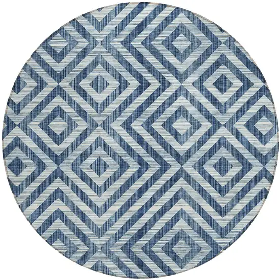 8' Navy Blue And Ivory Round Geometric Washable Indoor Outdoor Area Rug Photo 2