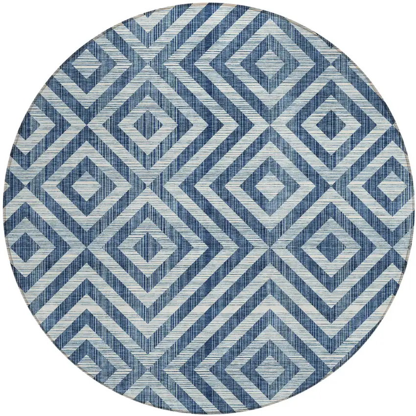 8' Navy Blue And Ivory Round Geometric Washable Indoor Outdoor Area Rug Photo 2