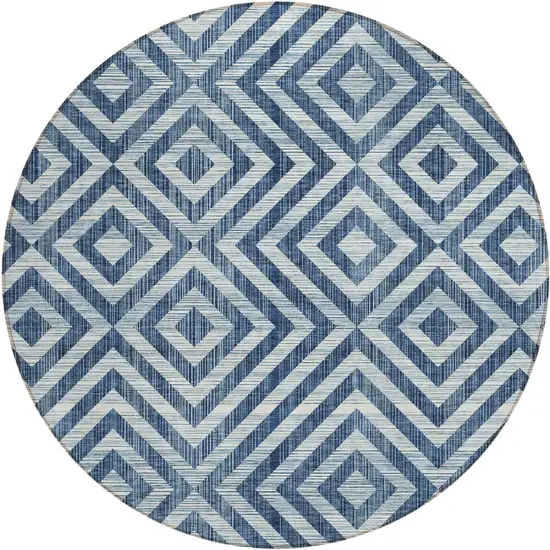 8' Navy Blue And Ivory Round Geometric Washable Indoor Outdoor Area Rug Photo 2