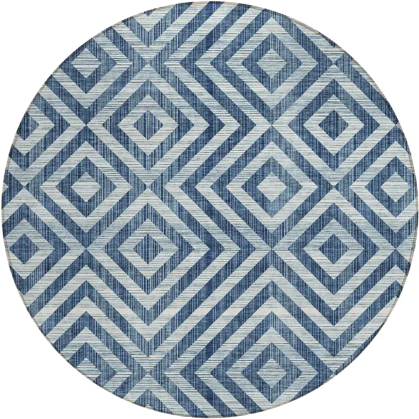 8' Navy Blue And Ivory Round Geometric Washable Indoor Outdoor Area Rug Photo 2