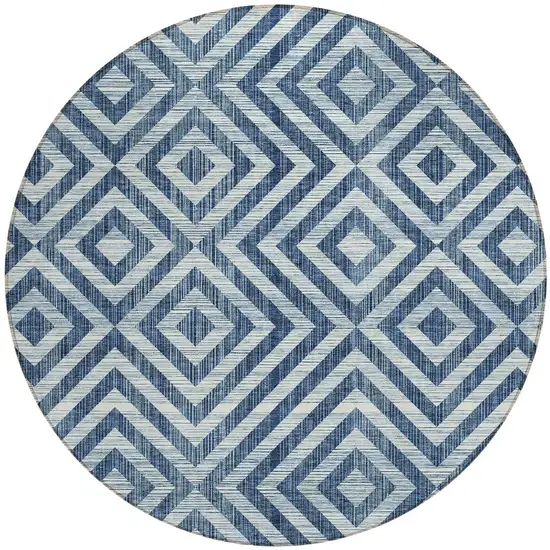 8' Navy Blue And Ivory Round Geometric Washable Indoor Outdoor Area Rug Photo 6