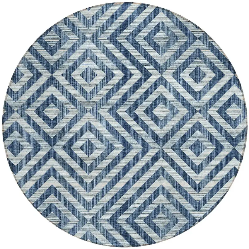 8' Navy Blue And Ivory Round Geometric Washable Indoor Outdoor Area Rug Photo 6