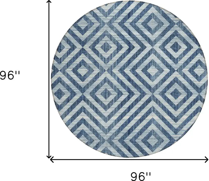 8' Navy Blue And Ivory Round Geometric Washable Indoor Outdoor Area Rug Photo 9