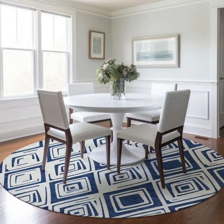 8' Navy Blue And Ivory Round Geometric Washable Indoor Outdoor Area Rug Photo 7