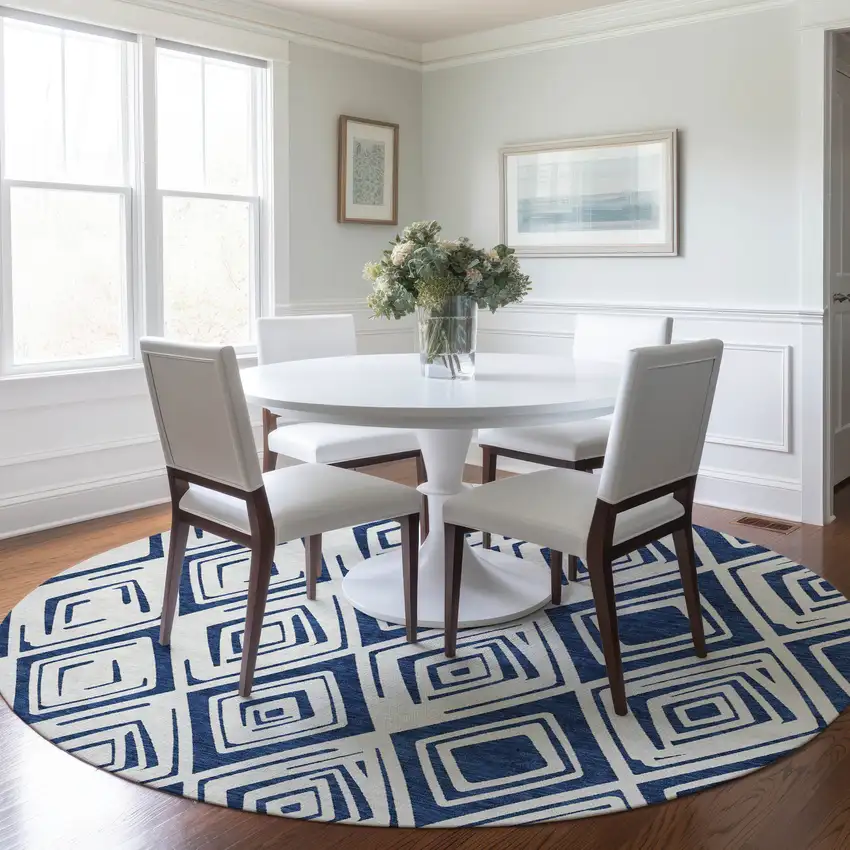 8' Navy Blue And Ivory Round Geometric Washable Indoor Outdoor Area Rug Photo 7