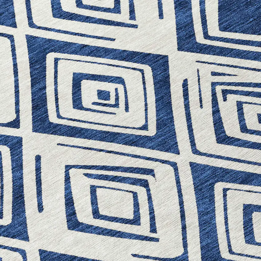 8' Navy Blue And Ivory Round Geometric Washable Indoor Outdoor Area Rug Photo 8