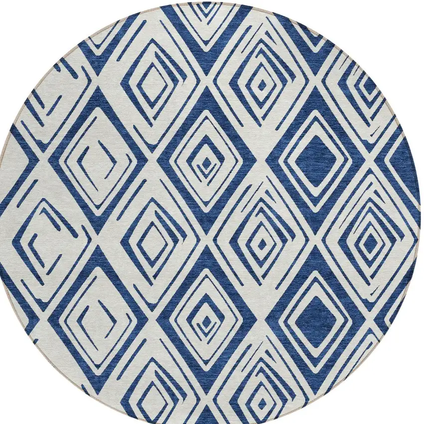 8' Navy Blue And Ivory Round Geometric Washable Indoor Outdoor Area Rug Photo 4