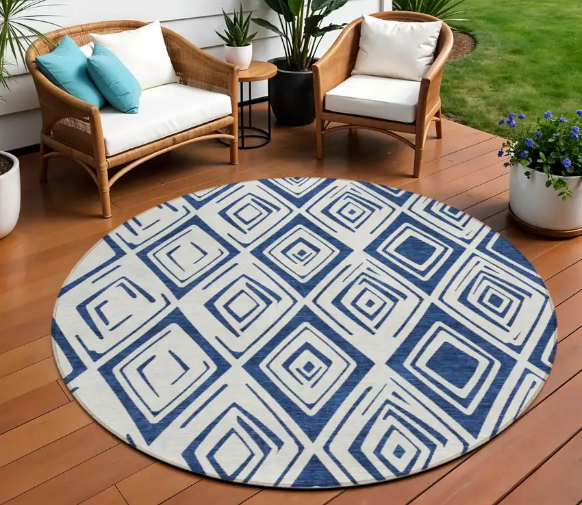 8' Navy Blue And Ivory Round Geometric Washable Indoor Outdoor Area Rug Photo 1