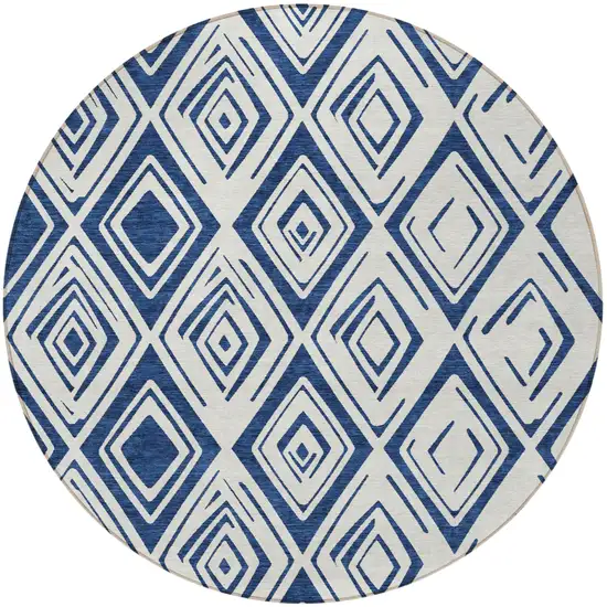 8' Navy Blue And Ivory Round Geometric Washable Indoor Outdoor Area Rug Photo 5