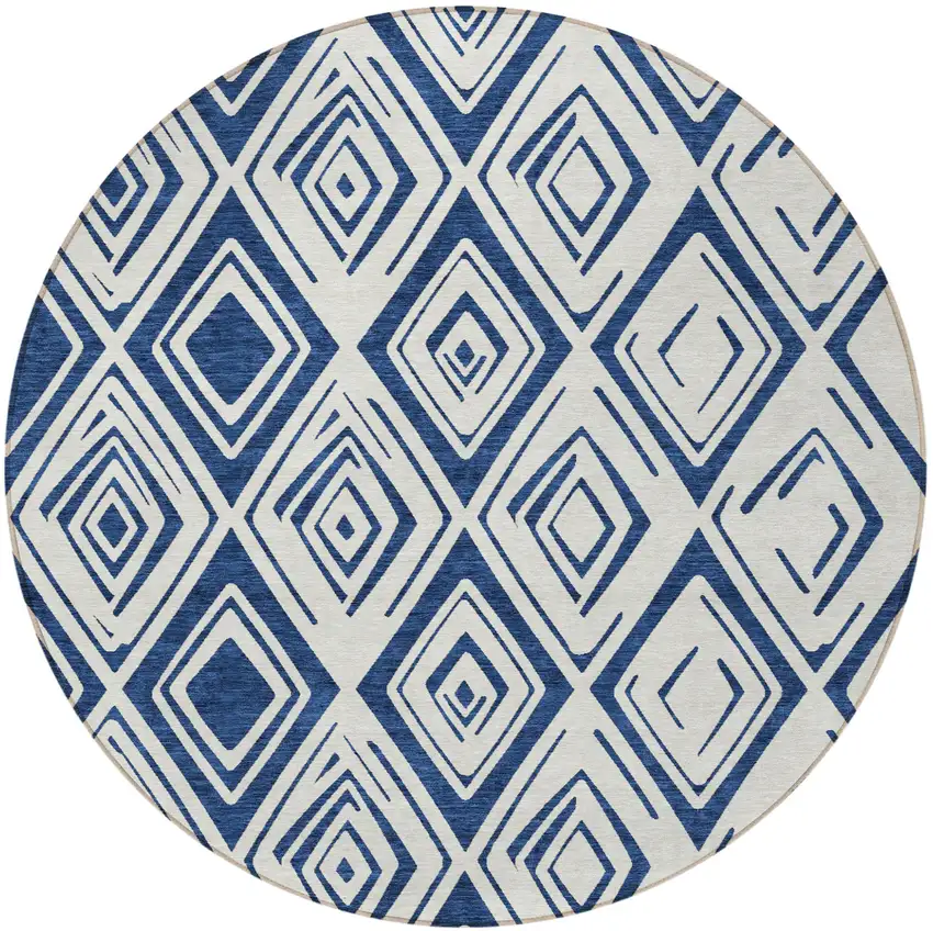 8' Navy Blue And Ivory Round Geometric Washable Indoor Outdoor Area Rug Photo 5