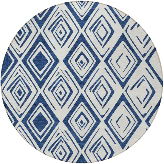 8' Navy Blue And Ivory Round Geometric Washable Indoor Outdoor Area Rug Photo 5