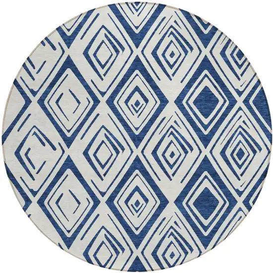 8' Navy Blue And Ivory Round Geometric Washable Indoor Outdoor Area Rug Photo 2